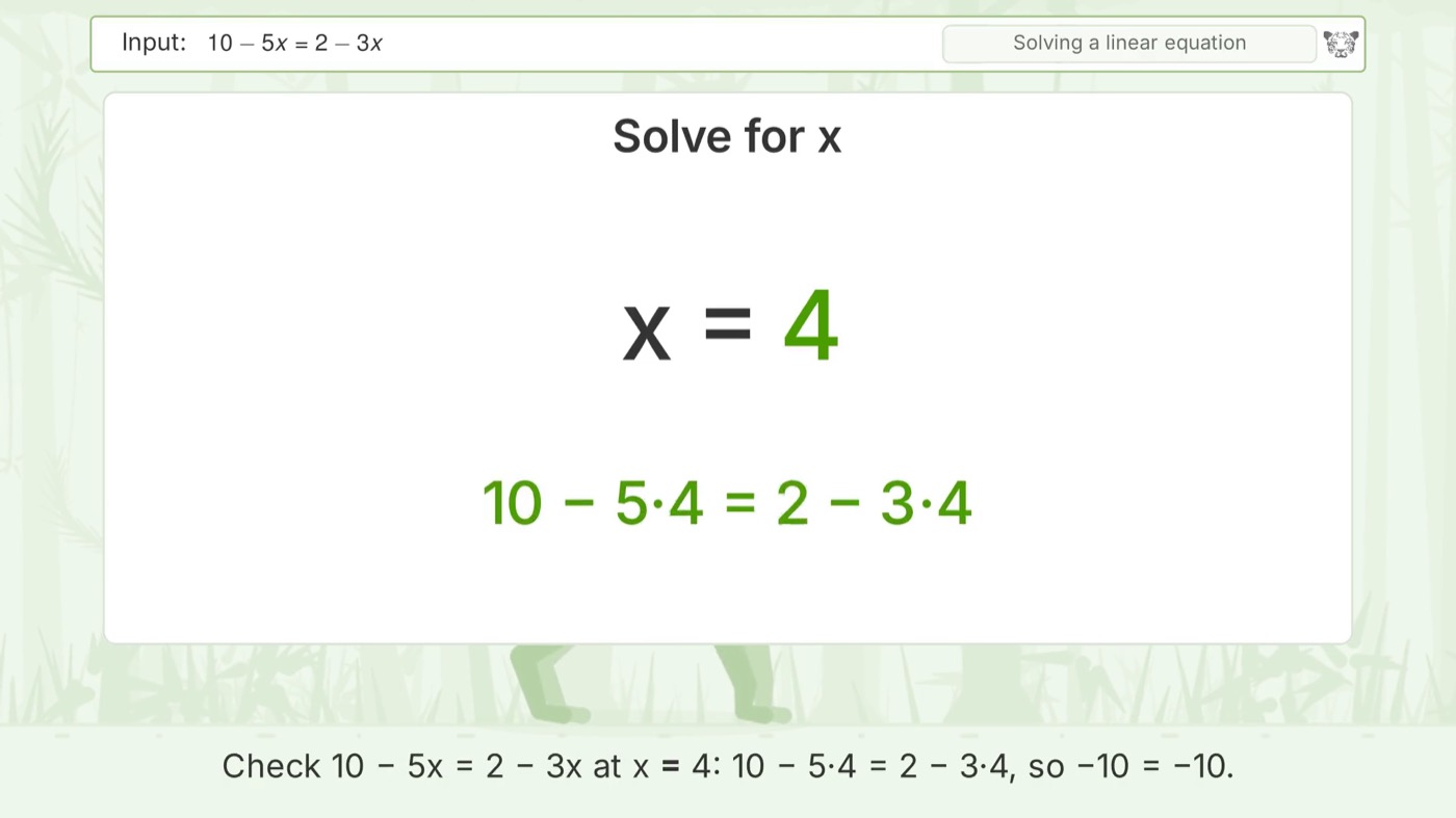 A frame from a Tiger Algebra explainer video: solving a linear equation